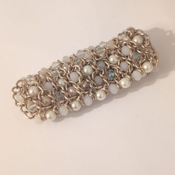 842 Gold Chain‎ Mixed White Faux Pearl Clear Faceted Beaded Bracelet - Picture 4 of 4